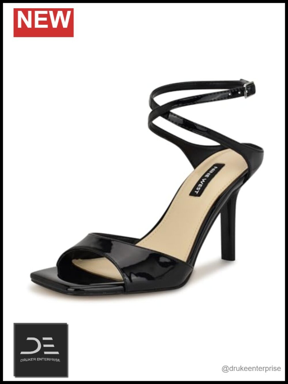 Nine West Devans Heeled Sandals Faux Patent Leather Open Toe Ankle Strap 3in